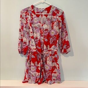 Carolina Belle Red and Pink Floral 3/4 Sleeve Romper Mid Tie, Size 6